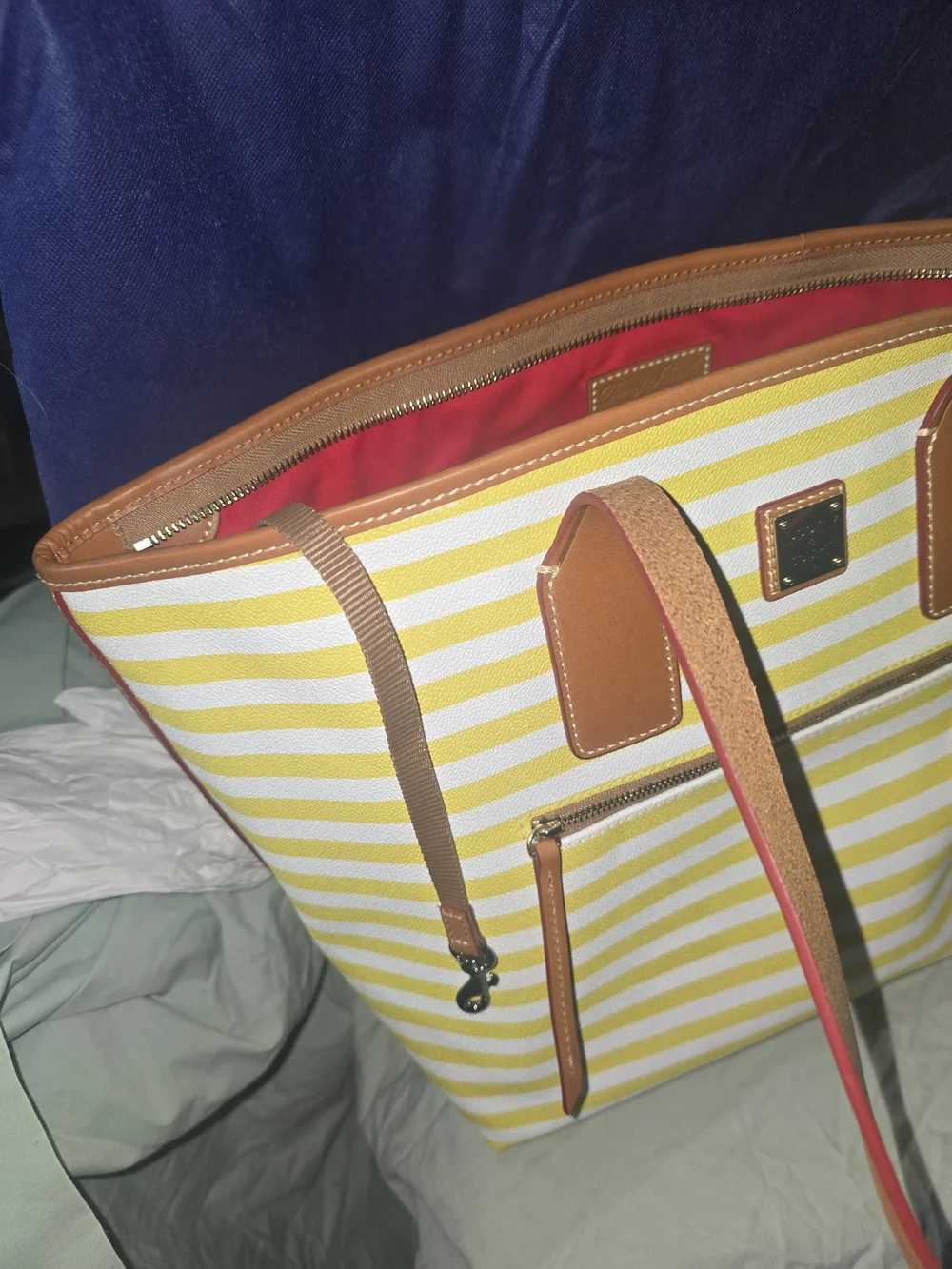 Dooney & Bourke Yellow and White Striped Tote with Tan Trim